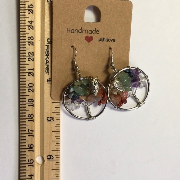Handmade Multi Gem Stone Owl Tree-Of-Life Earrings - Picture 5 of 6